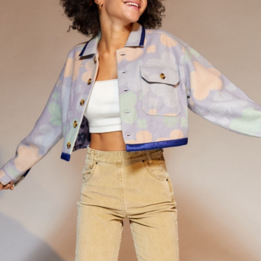 Kimchi Blue Urban Outfitters Floral Shacket jacket crop blue purple green pocket - Picture 6 of 6